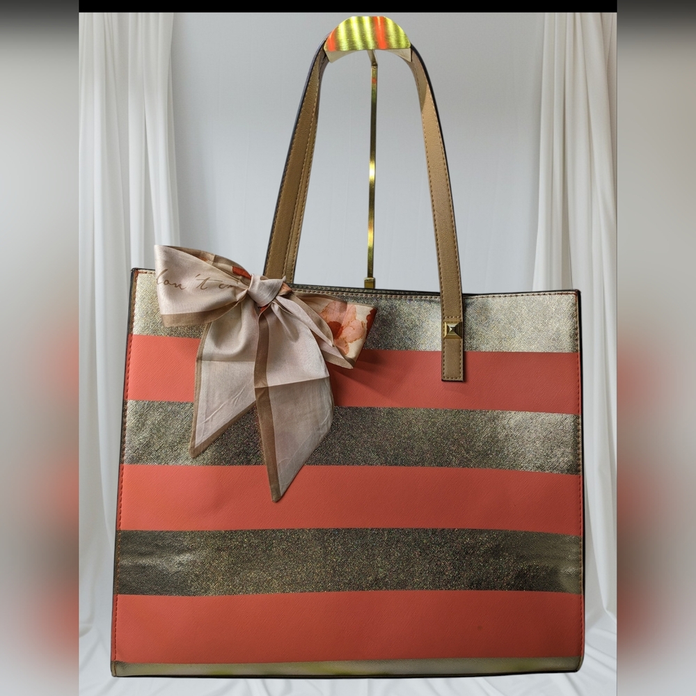 Neiman Marcus Structured Striped Tote, Gold And Coral W/ Coordinating Bag Scarf